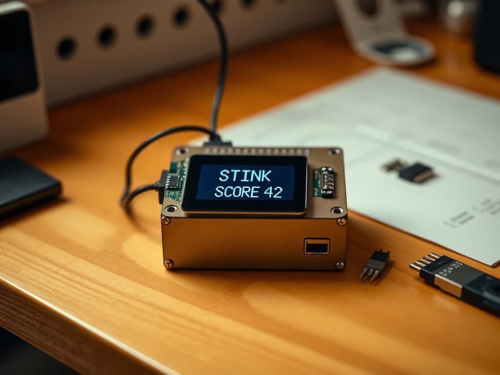 Smellamatic device on a wooden workbench displaying STINK SCORE 42 on its OLED screen