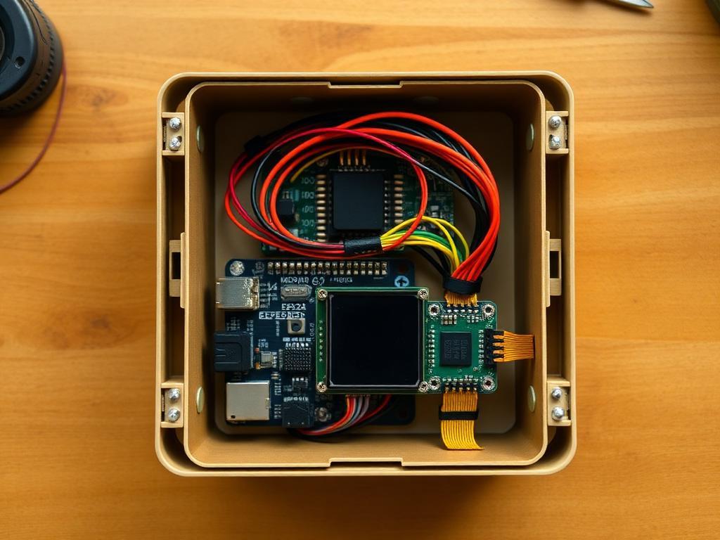 Inside the Smellamatic enclosure showing the ESP32, sensors, and wiring